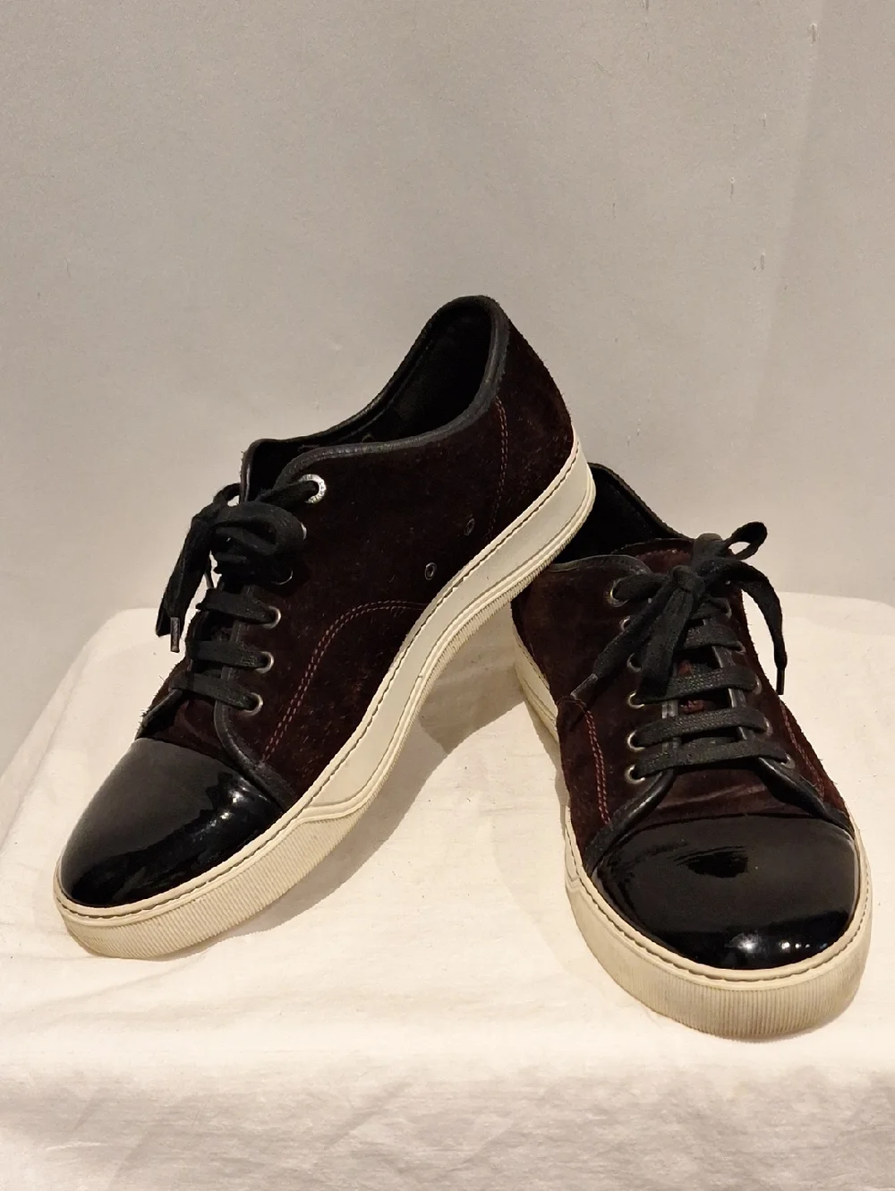 Lanvin Men's Brown Suede and Black Patent Leather Toe Cap Low-Top Sneakers